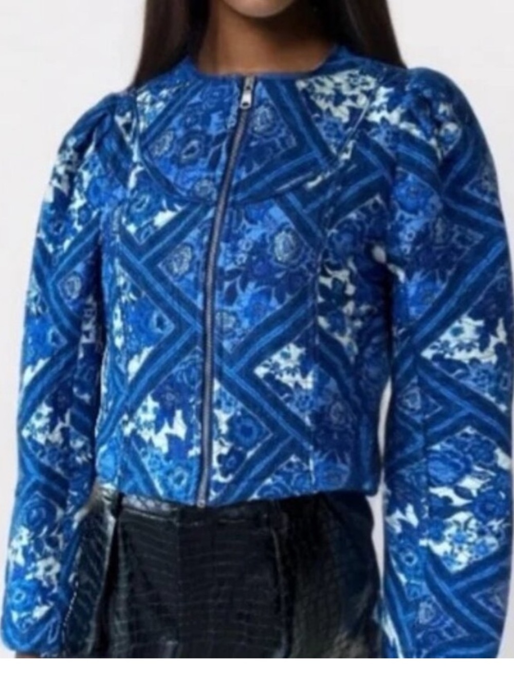 7 For All Mankind Blue Toile Quilted Floral Crop Jacket NWT Large
